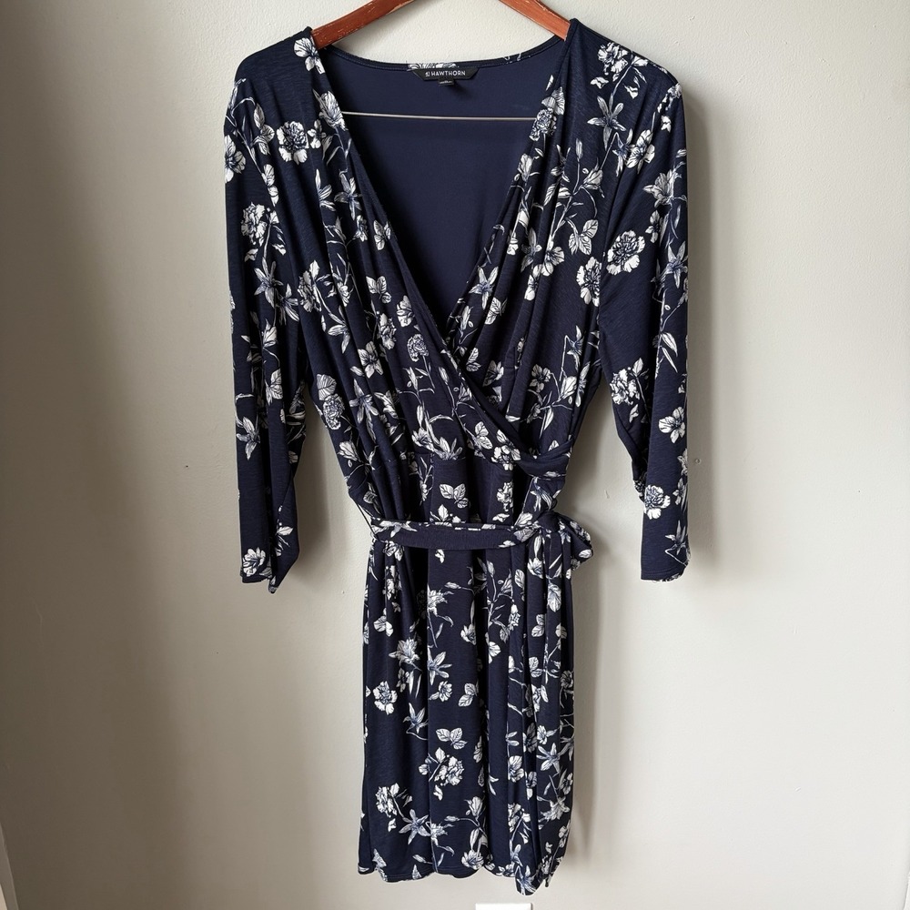 Navy Wrap Dress with White Floral Print